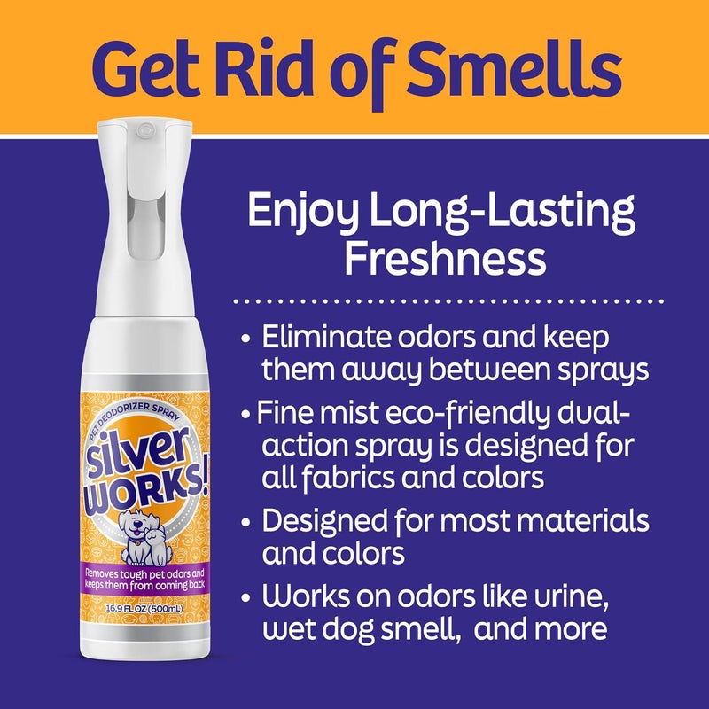 SilverWorks! Pet Odor Eliminator Spray For Home - Safe, Natural, Silver Ion Deodorizer - Cat, Dog Smell And Urine Odor Eliminator For Carpet, Furniture And Litter -16.9oz - Image 1